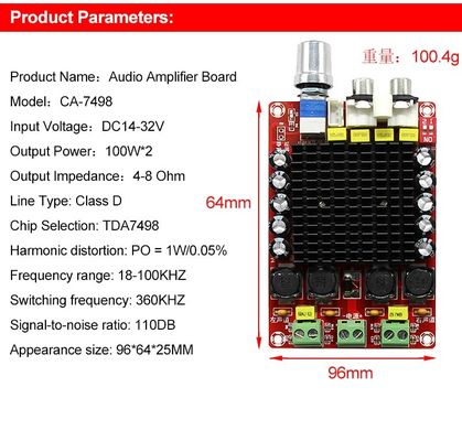 Dwukanałowa płyta wzmacniacza wyjściowego audio o mocy 100 W z wejściem DC 14-34 V i technologią klasy D