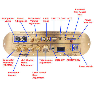 Wysokiej mocy wzmacniacz domowy D900 2x50W+100W z importowaną płytą IC Bluetooth 2.1 Channel High and Low Tone Subwoofer