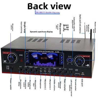 AV-888 7.1 kanał 2000W wysokiej mocy domowy teatr karaoke wzmacniacz głośnik Dual Loop 12 Tube wykonany z trwałego metalu