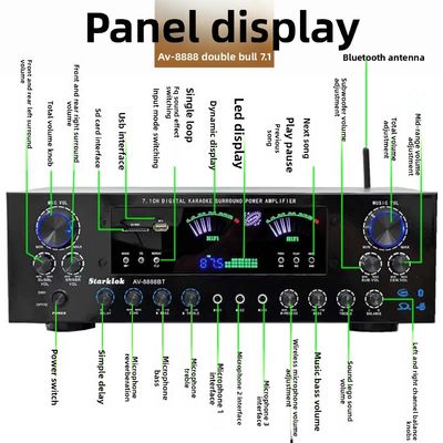 Profesjonalny wzmacniacz kina domowego AV-8888BT 7.1 kanałowy 2000W o ultrawysokiej mocy, bezprzewodowy BT, do kina domowego i karaoke z systemem dźwięku przestrzennego