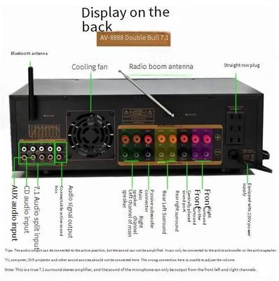 Profesjonalny wzmacniacz kina domowego AV-8888BT 7.1 kanałowy 2000W o ultrawysokiej mocy, bezprzewodowy BT, do kina domowego i karaoke z systemem dźwięku przestrzennego