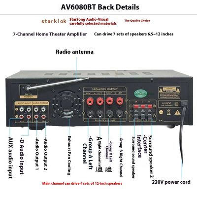 AV-6080BT 1000W 7-kanałowy wzmacniacz o stałej impedancji do domu i samochodu, metalowe odbiorniki, odtwarzacz bezprzewodowy USB Flash SD Card BT, globalny