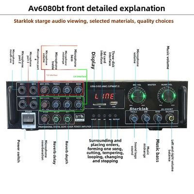 AV-6080BT 1000W 7-kanałowy wzmacniacz o stałej impedancji do domu i samochodu, metalowe odbiorniki, odtwarzacz bezprzewodowy USB Flash SD Card BT, globalny
