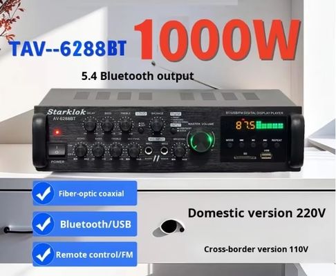 AV-6288BT 1000W 2*500W wzmacniacz karaoke o wysokiej wiarygodności podwójne zastosowanie 12V/220V AC/DC BT bezprzewodowy materiał z tworzyw sztucznych